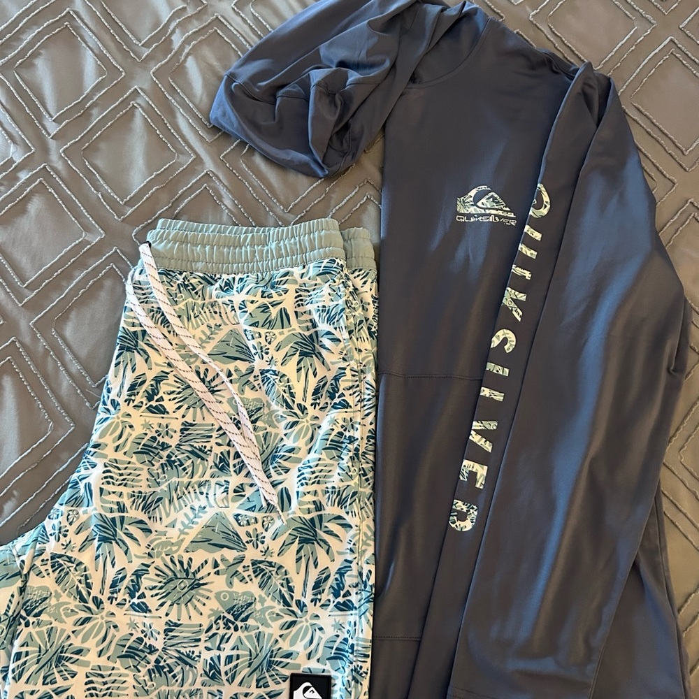 Quiksilver swim trunks and hooded shirt